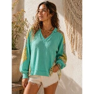 Blue Velvet Womens Teal Waffle Knit Floral Patchwork V-Neck Top Small 9125BT